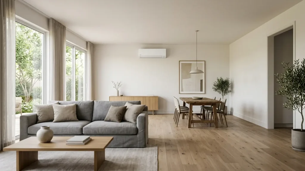 A large open-plan living and dining room with a wall-mounted ductless mini-split