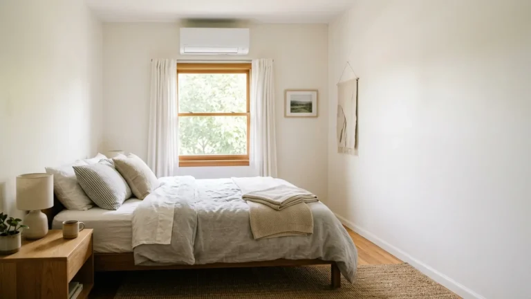 Photo: a small bedroom with a wall-mounted ductless mini-split above the window