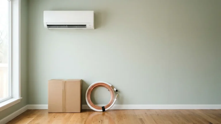 Photo: a ductless mini-split indoor unit on a living room wall, with a shipping box and coiled copper line set below