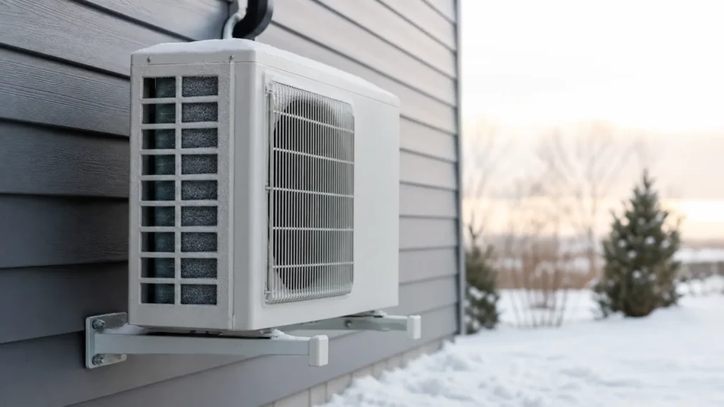 Photo: a plain unbranded outdoor mini-split condenser on a wall bracket beside a house in snow, frost on the fins, winter morning light. Photorealistic, no logos, no brand names, no text
