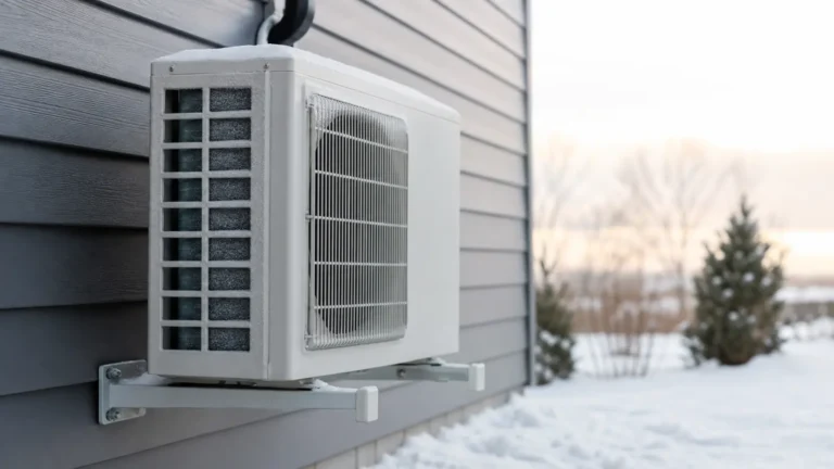 Photo: a plain unbranded outdoor mini-split condenser on a wall bracket beside a house in snow, frost on the fins, winter morning light. Photorealistic, no logos, no brand names, no text