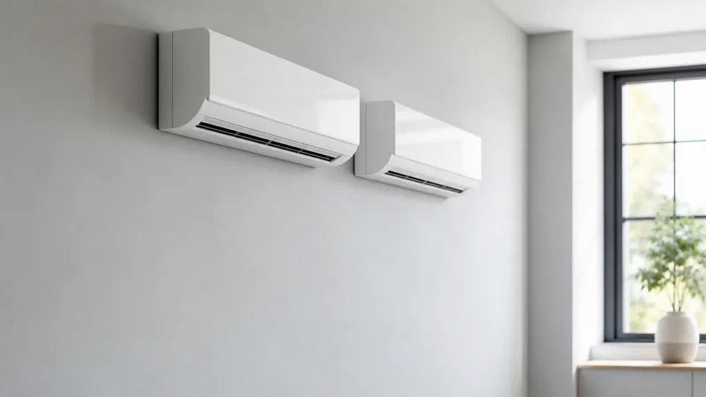 Photo: two plain unbranded white wall-mounted mini-split indoor units side by side on a light gray wall. Photorealistic, no logos, no brand names, no text
