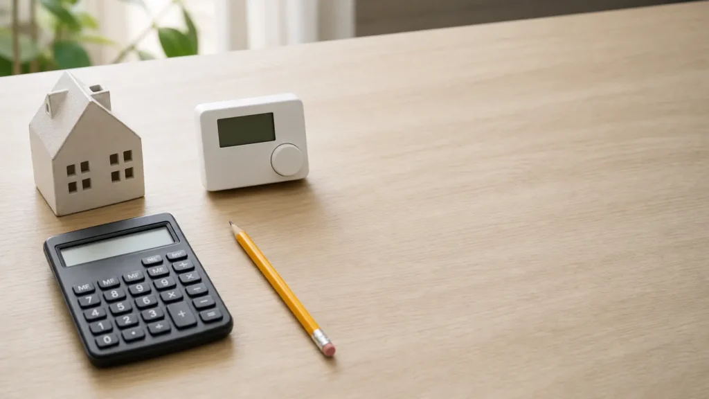 Photo: a neat flat lay of a calculator, a pencil, a small house model and a plain thermostat on a light wooden table. Photorealistic, no logos, no brand names, no text