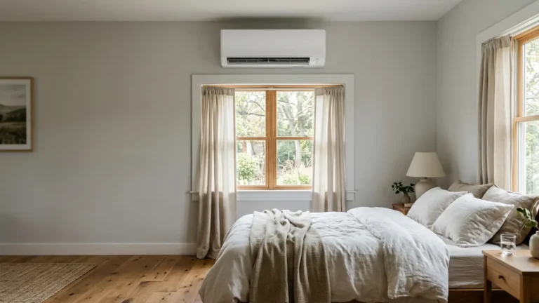 Photo: a white ductless mini-split indoor head mounted above a window in a cozy bedroom with a made bed and wood floor, the unit is the clear subject, morning light