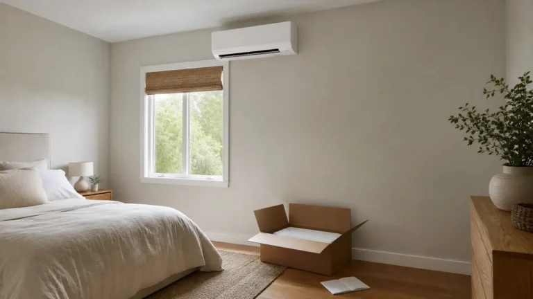 Photo: a plain white unbranded wall-mounted mini-split indoor unit above a window in a tidy bedroom, an open product box and manual on the floor. Photorealistic, no logos, no brand names, no text