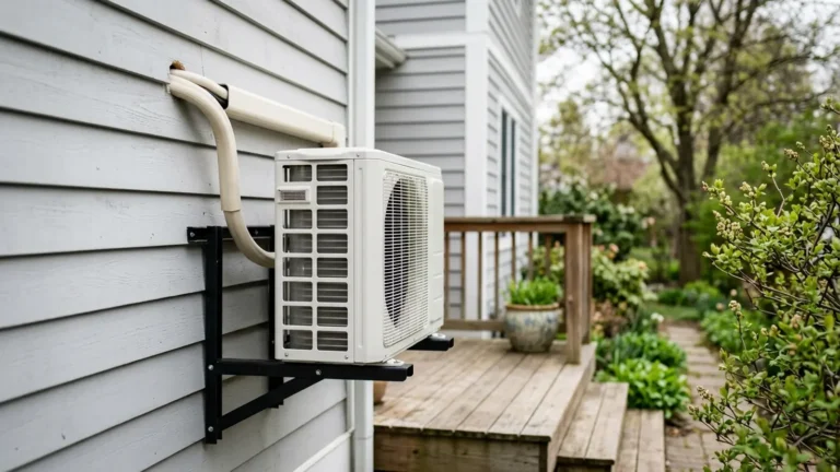 Photo: a white ductless mini-split outdoor condenser on a wall bracket beside a back porch of a family home in early spring, line set cover running into the wall