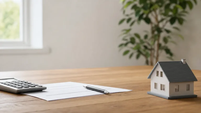 Photo: a desk with a calculator, a generic paper form with no readable text, a pen and a small model house, soft natural light. Photorealistic, no logos, no brand names, no text