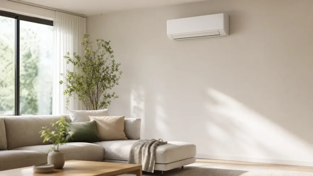 Photo: a bright modern living room with a plain white unbranded ductless mini-split indoor unit mounted high on the wall, soft daylight, minimal furniture. Photorealistic, no logos, no brand names, no text