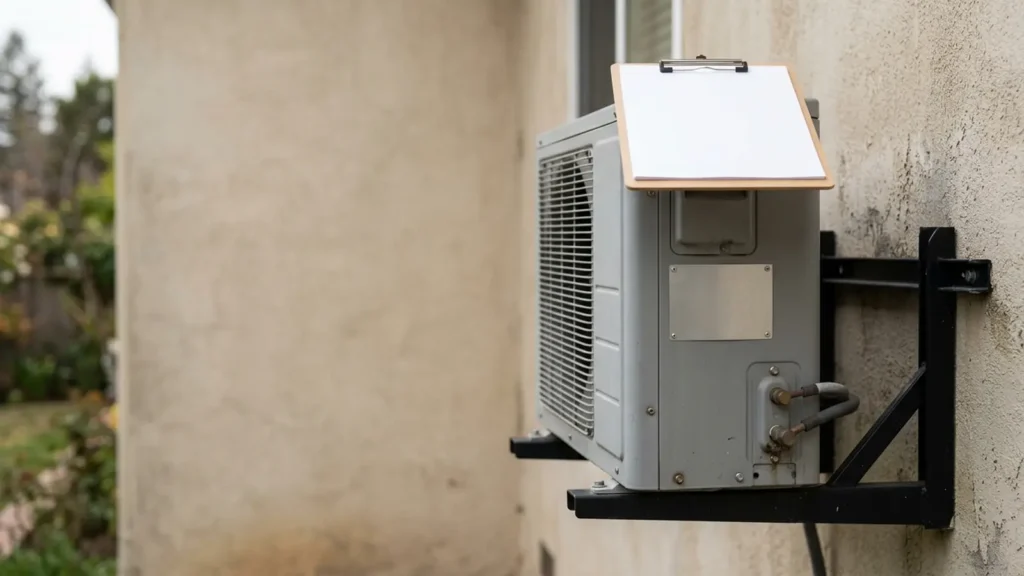 Photo: a mini-split outdoor unit on a wall bracket with its rating plate and a clipboard on top