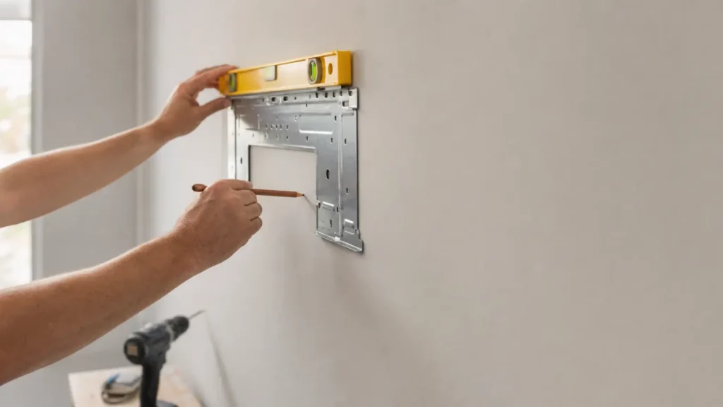 Photo: a homeowner using a level to mount a metal wall bracket for a mini-split indoor unit on an interior wall, drill and pencil nearby. Photorealistic, no logos, no brand names, no text