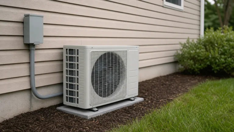 Photo: a gray outdoor electrical disconnect box mounted on a house wall next to a plain unbranded mini-split condenser, conduit running between them. Photorealistic, no logos, no brand names, no text