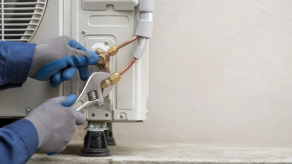 Photo: a technician in work gloves connecting refrigerant line fittings to a plain unbranded outdoor condenser service valve with a wrench, close-up. Photorealistic, no logos, no brand names, no text