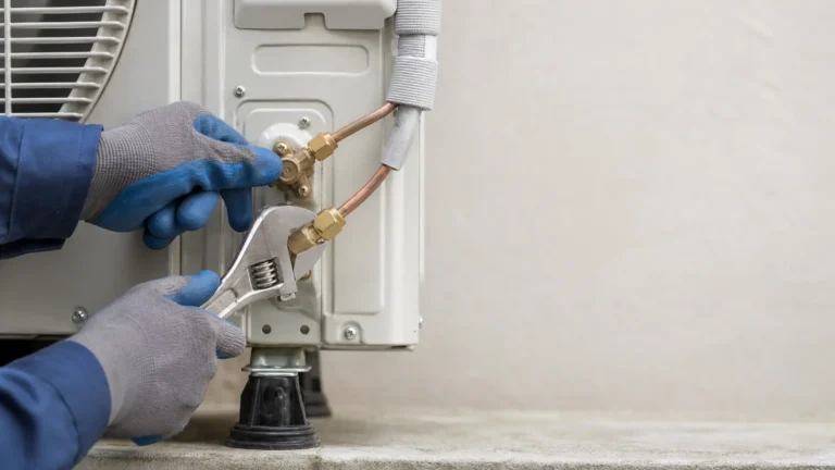 Photo: a technician in work gloves connecting refrigerant line fittings to a plain unbranded outdoor condenser service valve with a wrench, close-up. Photorealistic, no logos, no brand names, no text