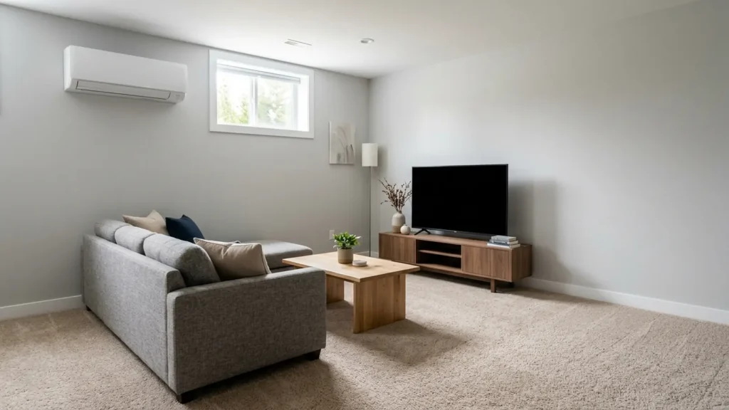 Photo: a finished basement family room with a wall-mounted ductless mini-split