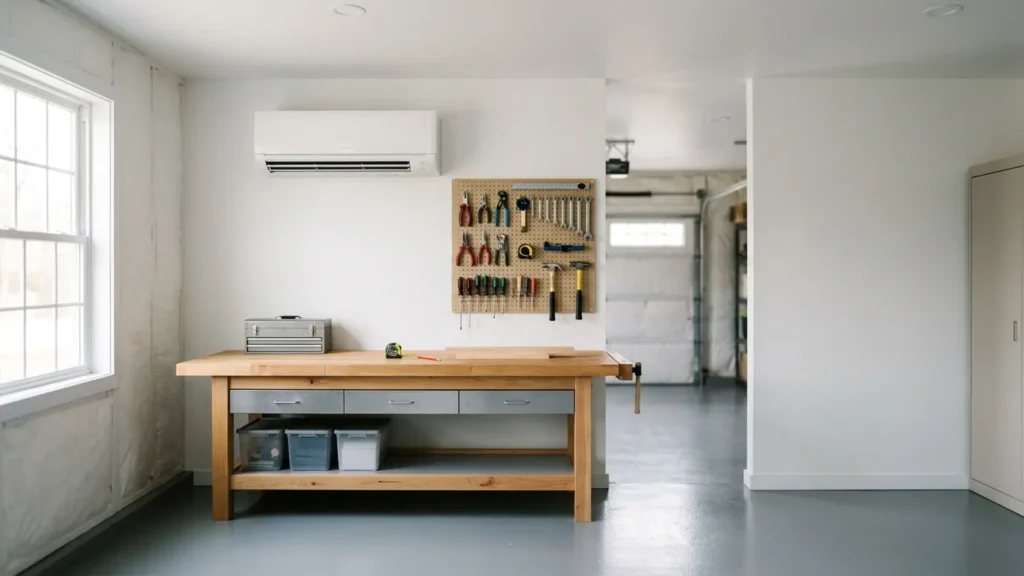 Photo: an insulated garage workshop with a wall-mounted ductless mini-split above the workbench