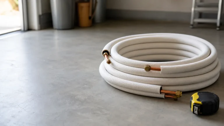 Photo: a coiled insulated copper refrigerant line set with white insulation lying on a garage floor next to a tape measure. Photorealistic, no logos, no brand names, no text