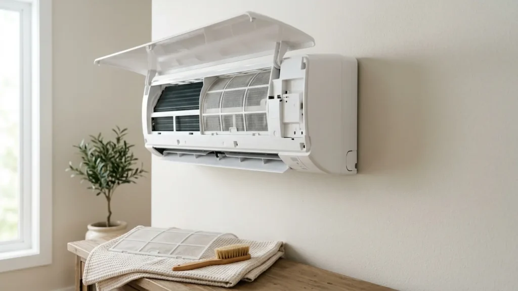 Photo: a mini-split indoor unit with its front cover open to show the air filters
