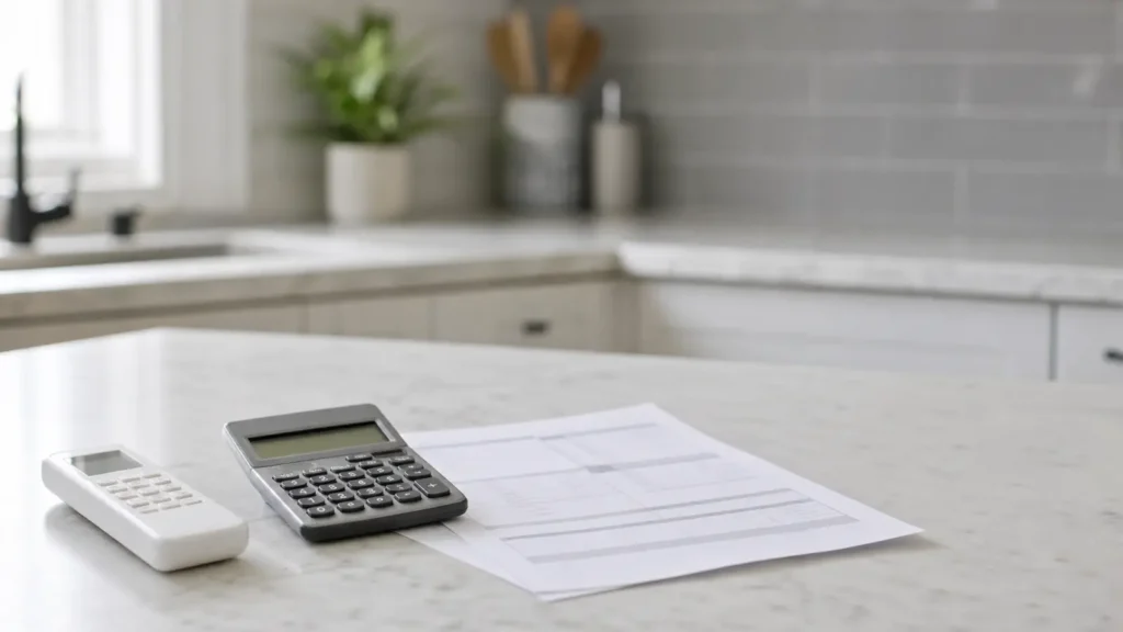 Photo: a plain white mini-split remote control, a calculator and a generic utility bill with no readable text on a kitchen counter. Photorealistic, no logos, no brand names, no text