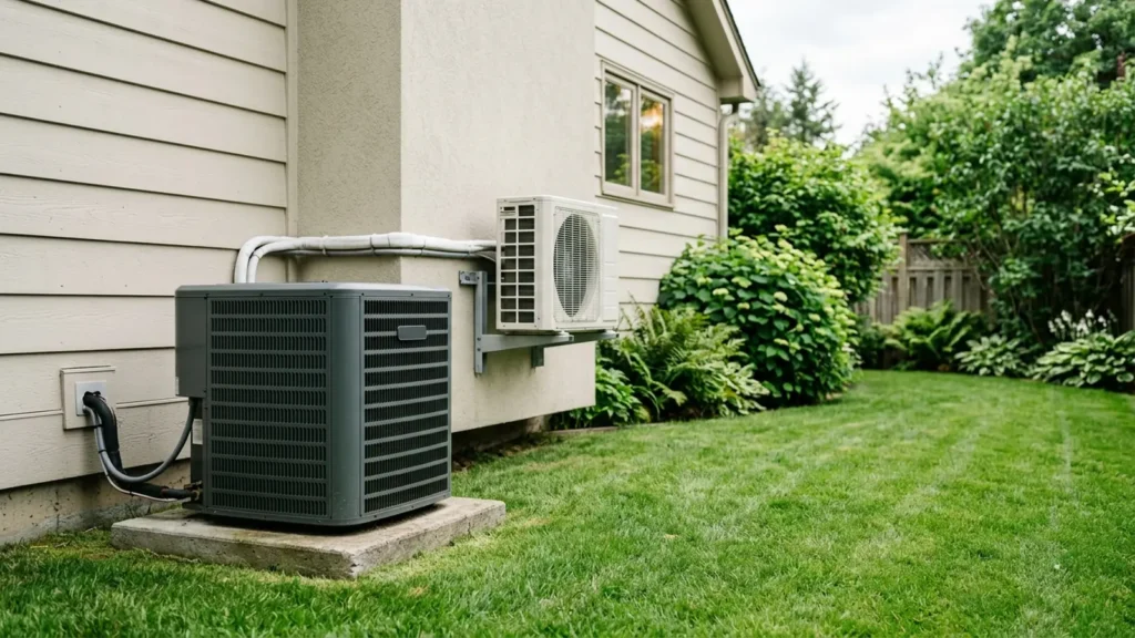 Photo: a central heat pump outdoor unit on a pad and a mini-split outdoor unit on a wall bracket beside a house