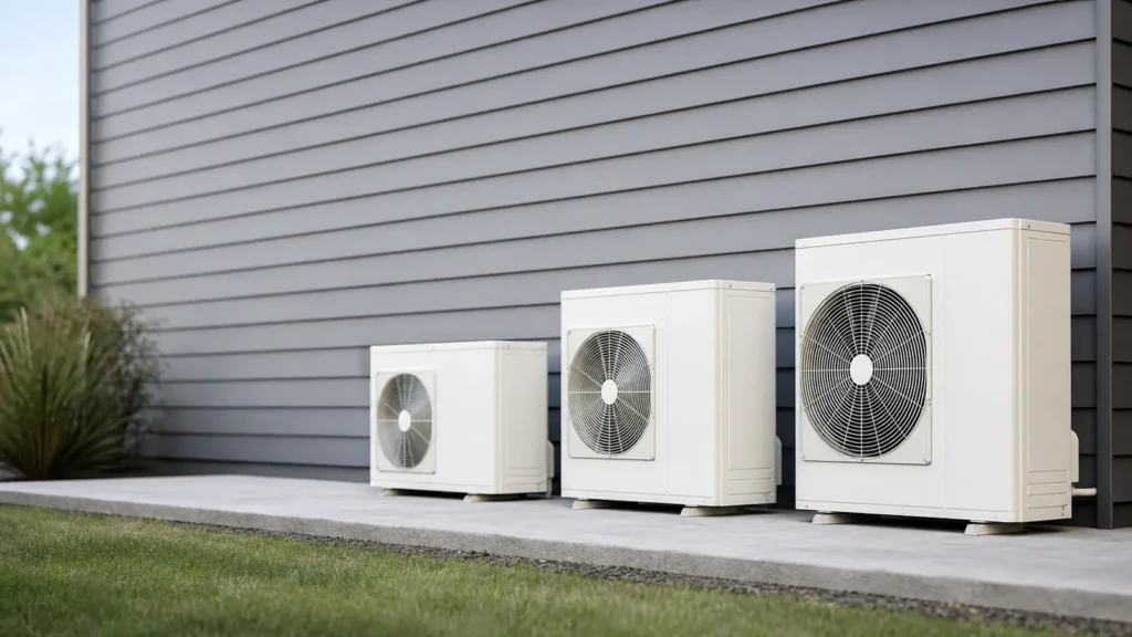 Photo: three plain unbranded white outdoor heat pump condensers of increasing size lined up on a concrete pad against a gray siding wall. Photorealistic, no logos, no brand names, no text