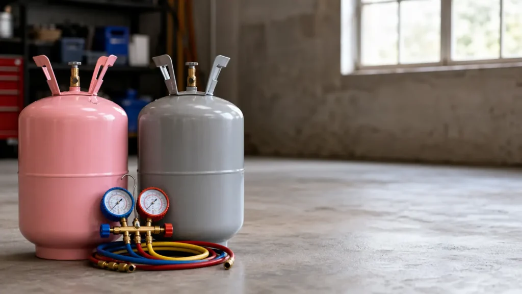 Photo: two plain unlabeled refrigerant cylinders, one pink and one gray, standing on a workshop floor beside a manifold gauge set, no readable text. Photorealistic, no logos, no brand names, no text
