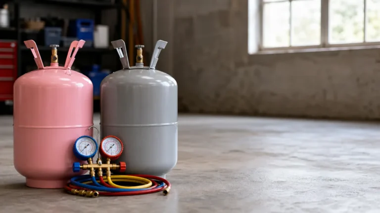 Photo: two plain unlabeled refrigerant cylinders, one pink and one gray, standing on a workshop floor beside a manifold gauge set, no readable text. Photorealistic, no logos, no brand names, no text