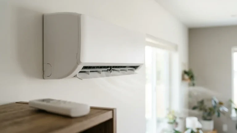 Photo: a white ductless mini-split indoor unit with its louver open blowing air, close-up from a low angle, a plain white handheld remote control in the foreground out of focus