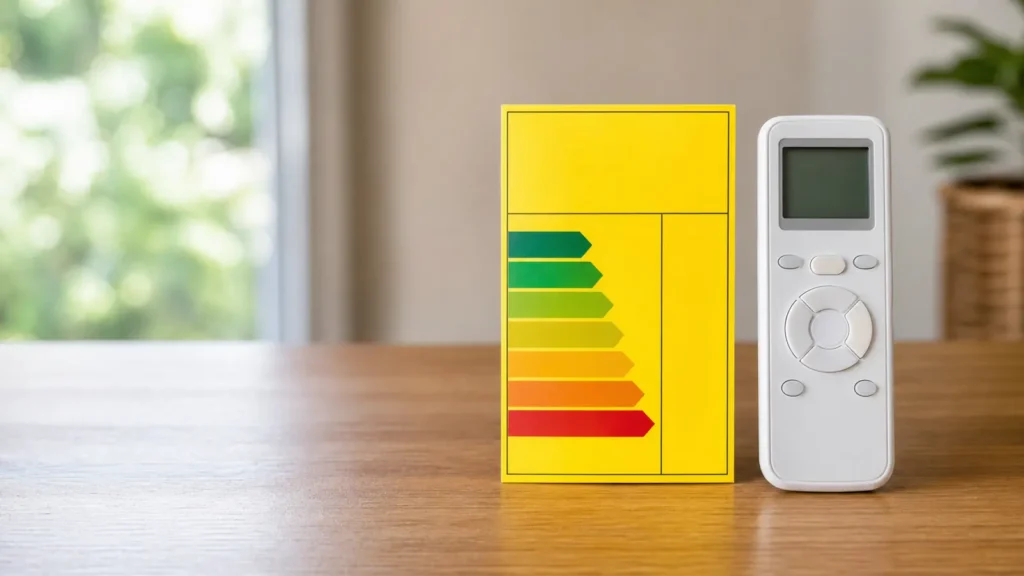 Photo: close-up of a generic blank yellow energy rating label style card next to a plain white mini-split remote control on a wooden table, no readable text. Photorealistic, no logos, no brand names, no text