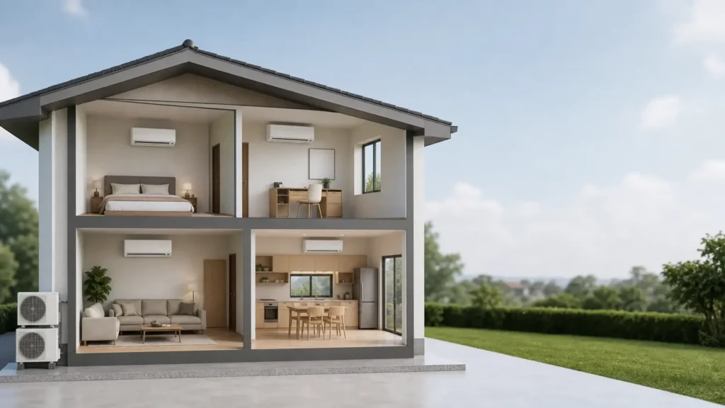Photo: cutaway-style illustration of a two-story house with several plain white wall-mounted indoor units in different rooms and condensers outside, clean flat style, no text. Photorealistic, no logos, no brand names, no text