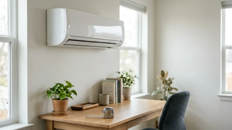 Photo: a white ductless mini-split indoor unit mounted on the wall of a home office above a desk, a tape measure on the desk, the unit clearly visible and in focus