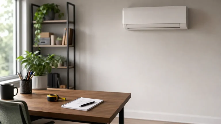 Photo: a home office with a plain white wall-mounted mini-split head, a tape measure and a notepad with a simple floor sketch on the desk. Photorealistic, no logos, no brand names, no text